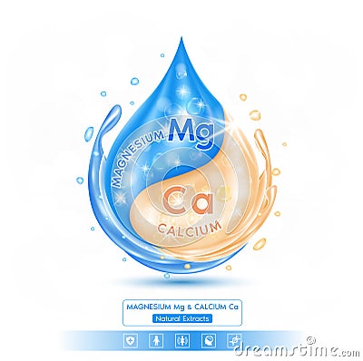 Drop minerals Calcium Ca and Magnesium Mg for health. Pharmaceutical Capsule with minerals blue, cream Vector Illustration