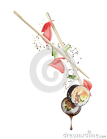 Drop of soy sauce drips from a fresh sushi roll on a white background Stock Photo