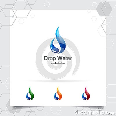 Drop water logo design with concept of droplet icon and splash water vector used for mineral water company and plumbing Vector Illustration