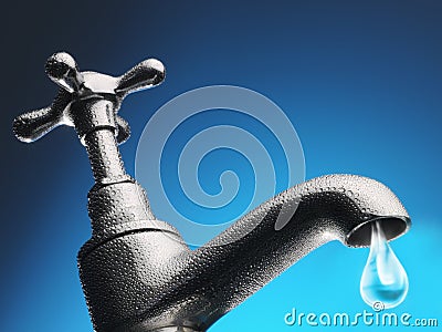 Drop of water trickling from tap close-up (digital composite) Stock Photo