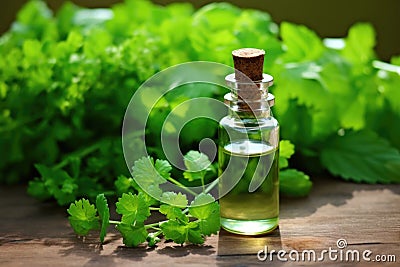 a dropper bottle of homeopathic liquid solution near green plants Stock Photo