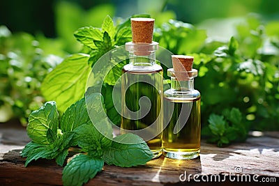 a dropper bottle of homeopathic liquid solution near green plants Stock Photo