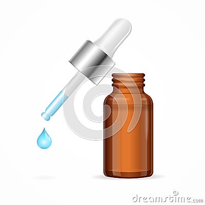 Dropper with Droplet Fluid and Brown Medicine Glass Bottle. Vector Vector Illustration