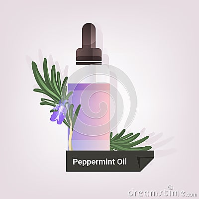 Dropping essential peppermint oil glass bottle with flower and liquid natural face body beauty remedies concept Vector Illustration