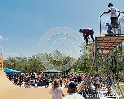 Dropping in First Time on Vertical Halfpipe Ramp Editorial Stock Photo