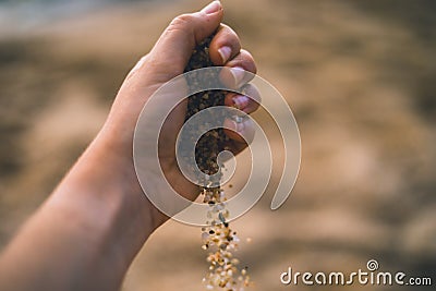 Dropping sand from hand of woman Stock Photo