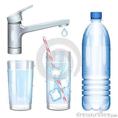 Dropping water from tap. Glass of pure water with ice. Cartoon Illustration