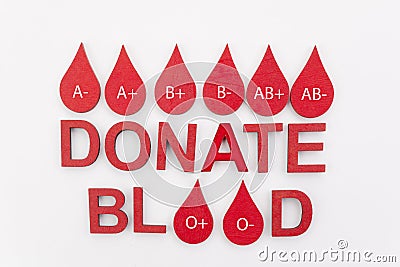 Drops blood donation concept. Text donate blood with red drops on white background Stock Photo