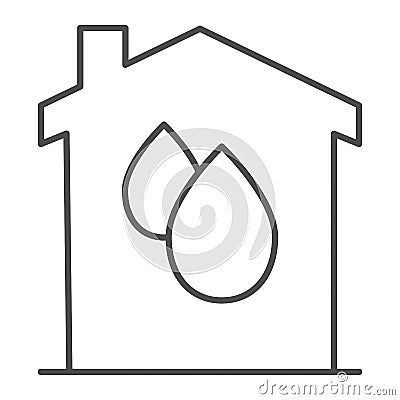 Drops in house thin line icon, smart home concept, plumbing service vector sign on white background, House protection Vector Illustration