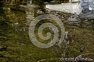 Drops from icicles from the rock drop into the water and form splashes on the water Stock Photo