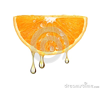 Drops of juice falling from orange half isolated on white Stock Photo