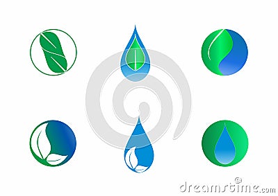 Drops and leaves, nature drops and leaves elements vector design, vector logo template set. Vector Illustration