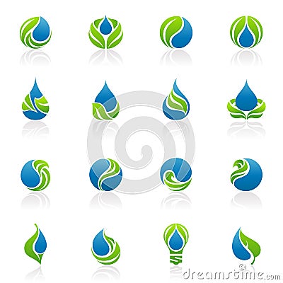 Drops and leaves. Vector logo template set. Vector Illustration