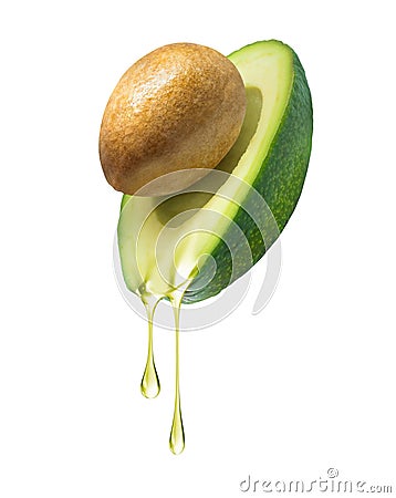 Drops of oil dripping from avocado on a white background Stock Photo