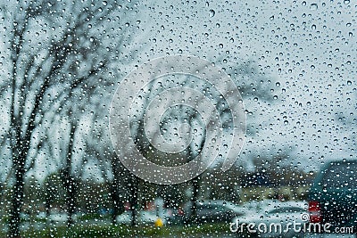 Drops of rain on the window; blurred trees in the background; shallow depth of field; California Stock Photo