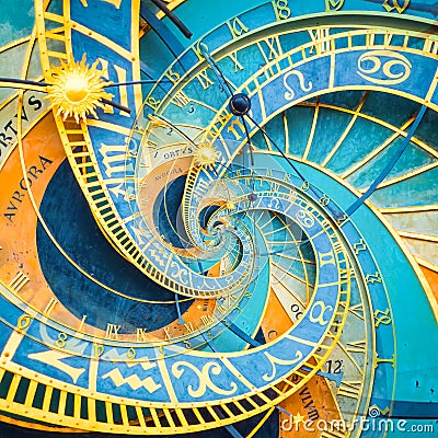 Droste effect background based on Prague astronomical clock. Abstract design for concepts related to astrology and fantasy Stock Photo
