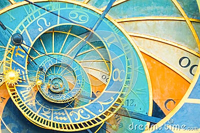 Droste effect background based on Prague astronomical clock. Abstract design for concepts related to astrology and fantasy Stock Photo