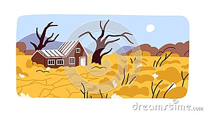 Drought, heat, summer landscape. Hot weather, dry plants, dead trees on farm field, deserted agriculture farmland Vector Illustration