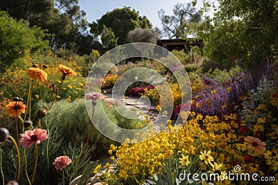 drought-tolerant garden with colorful blooms and native plants Stock Photo