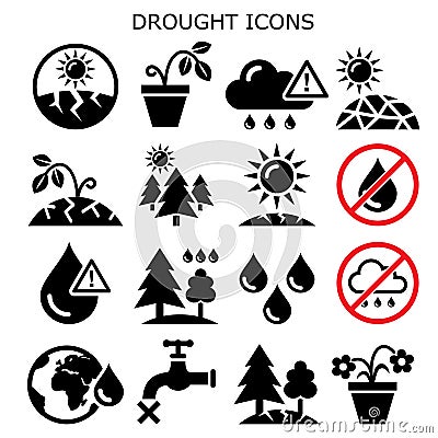 Drought, natural disaster, climate change vector icons set - no water for plants, in gardens and forests Stock Photo