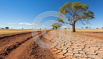 Droughts metaphorical impact lifeless trees on cracked earth, urging action against climate change Stock Photo