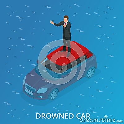 Drowned car. A car accident drowned. Flat 3d vector isometric illustration. Vector Illustration