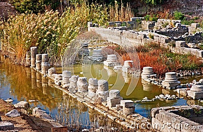 Drowned columns in Letoon near the ancient Lycian city Xanthos, Turkey Stock Photo