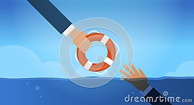 Drowning businessmn hand in water getting lifebuoy from another businessperson helping business to survive support Vector Illustration