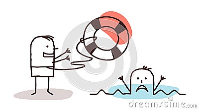 Drowning man & rescuer with lifebuoy Vector Illustration