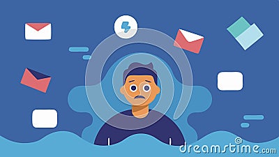 Drowning in Notifications A person submerged under a tidal wave of notification icons and digital popups representing Stock Photo