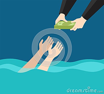 Drowning person and helping hand with money Vector Illustration