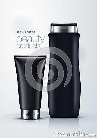 3d mock up vector illustration cosmetics product of black blank cream tube and shampoo bottle with silver lid design, packaging te Vector Illustration