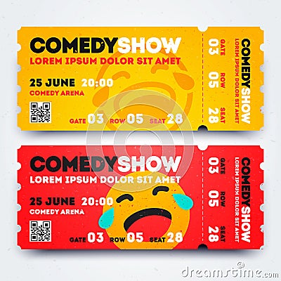 Vector Illustration Stand Up Comedy Event Show Entry Ticket Template Set. Modern Design With Emoticon. Vector Illustration
