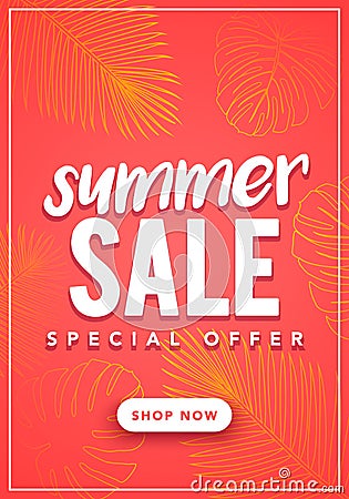 Vector illustration Colorful Summer Sale Banner Template With Tropical Palm Leaves Pattern. Vector Illustration