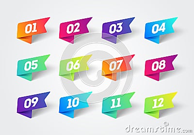 Vector Number Bullet Point 1 to 12 Colorful Label Ribbons Set Vector Illustration