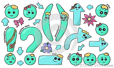 Set of hand drawn cute smiling kawaii punctuation marks in doodle style Vector Illustration