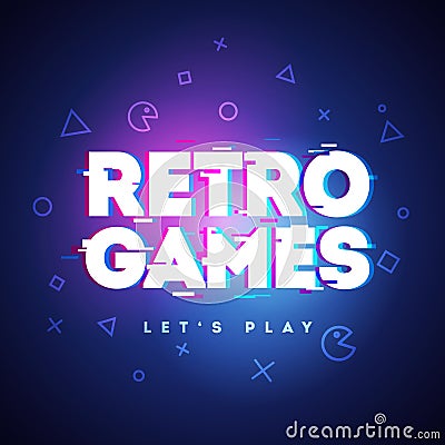 Vector Illustration Retro Games Neon Sign. Game Logo With Glitch Effect. Vector Illustration