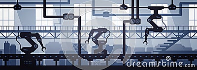 Vector illustration of seamless factory line manufacturing industrial interior background. Silhouette of industry 4.0 zone templat Vector Illustration