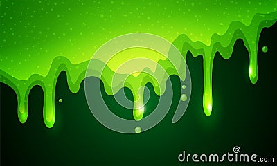 Vector illustration of dribble slime. Flowing green sticky liquid on dark background. Vector Illustration