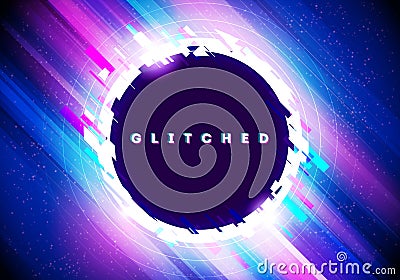 Vector Illustration Futuristic Neon Circle With Glitch Effect On Abstract Distorted Glowing Background. Vector Illustration