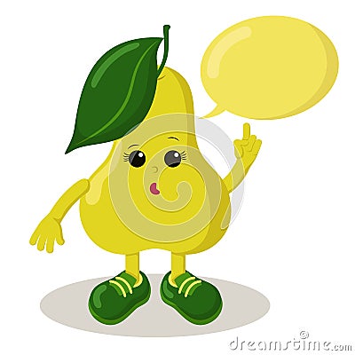 Cute thoughtful or surprised pear with sneakers and speech bubble holds index finger up. Vector Illustration