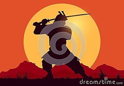 Vector Illustration Sillhouette Of Samurai Worrior With Sword On Sunset Backgound Vector Illustration