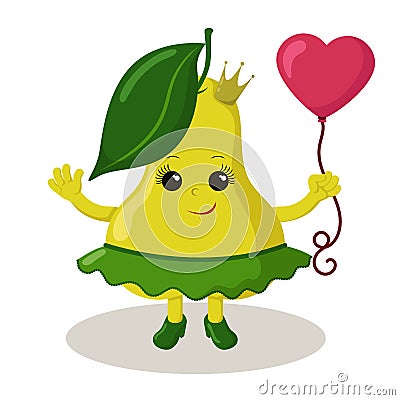 Cute smiling pear girl with crown, skirt and High heel shoes holding heart balloon. Vector Illustration