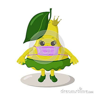 Cute kawaii pear girl with crown, skirt and medical protective mask Vector Illustration