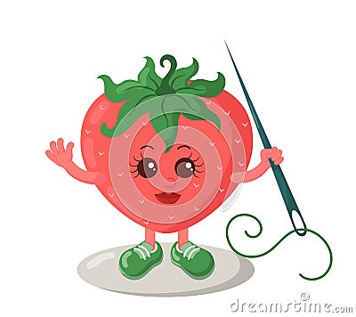Funny smiling cute kawaii strawberry tailor with sneakers holding sewing needle. Vector Illustration