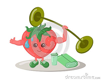 Cute strong strawberry athlete with sneakers, barbell, shake drink and towel. Vector Illustration