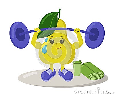 Cute strong pear athlete with sneakers, barbell, shake drink and towel. Vector Illustration