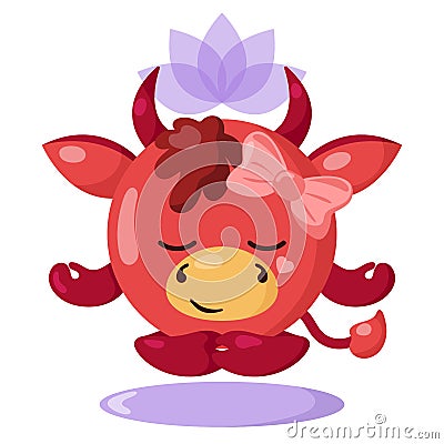 Funny cute kawaii meditating cow or cow with lotus flower over head and round body in flat design with shadows. Vector Illustration