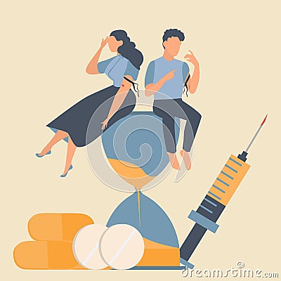 Drug addicted Broken Man and Woamn using heroin and sitting on the hourglass with giant syringe and pill on background. Vector Illustration