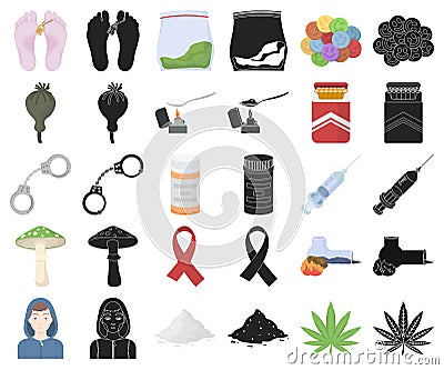 Drug addiction and attributes cartoon,black icons in set collection for design. Addict and Drug vector symbol stock web Vector Illustration